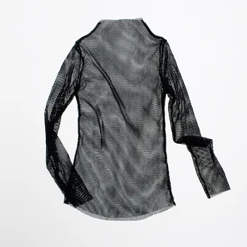 Moterų žvejybos tinklas Akių Matyti-per Black marškinėliai Moteriška Harajuku Seksualus Long Sleeve Tee Viršūnės