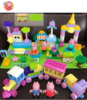 Originali Peppa Pig Statybinių Blokų Rinkinį vaikams Traukinio žaislų su 4 lėlės vaikų Gimtadienio Žaislas Mūrinis Pastatas Blokuoti Lentelė