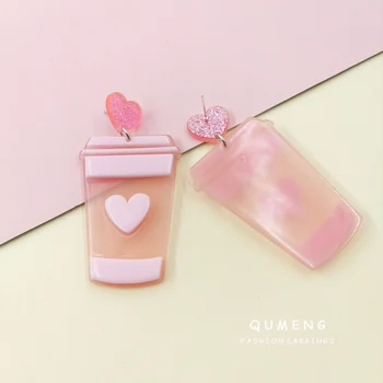 QUMENG 2020 Korėja puikus Saldus pienas, arbata Pakabukas rožinė kavos puodelį, akrilo lašas auskarai moterims, šaliai, aksesuarai dovanos