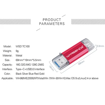 Wansenda OTG USB Flash Drive USB 3.0 + Tipo C Pen Ratai 512 GB 256 GB 128GB 64GB 32GB 2 in 1 Pendrive PC/ 