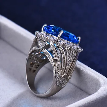 Prabanga Moterų Big Blue Akmens Žiedas, Sidabro Spalvos Vestuvių Žiedai Moterims 2019 Naujųjų Metų Mados Vestuvinis Žiedas Papuošalai, Dovanos