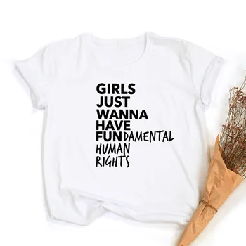Merginos Tiesiog Nori Turėti Pagrindines Žmogaus Teises, Spausdinti Feminizmo Marškinėliai Moterims trumpomis Rankovėmis Vasarą, O-kaklo Viršūnes Tees Camisetas Mujer
