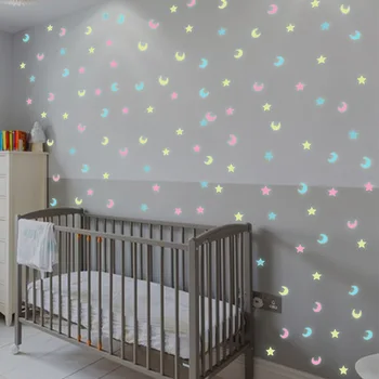 100vnt Šviesos Mišrios Spalvos Žvaigždė Mėnulis 3D Sienų Lipduko vaikų, kūdikių kambariai kambarį Švyti tamsoje namų dekoracijos, Lipdukai