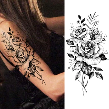 Moterų Mados Gėlių Laikinos Tatuiruotės Lipdukas Netikrą Rose Plunksnų TatooS Decal Vandeniui Kūno Menas Kojos, Rankos Tatoos Moterims